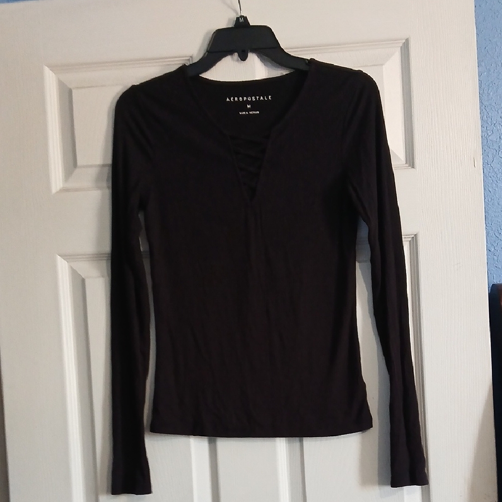 Aeropostale Black Long-Sleeve V-Neck Top with Lace Detail